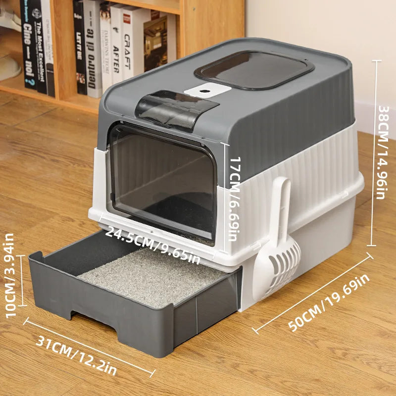 Foldable Fully Enclosed Cat Litter Box | Anti-Tracking Front-Entry Top-Exit Kitty Toilet with Scoop