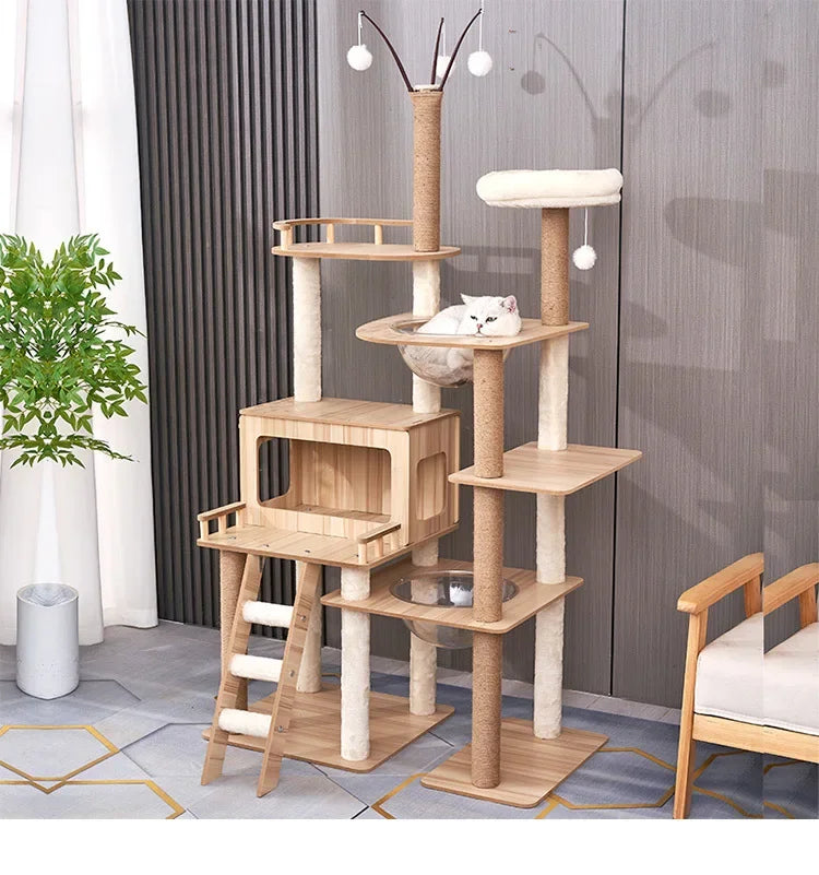 Modern Wooden Cat Tree Tower with Clear View Space Pod & Cozy Dual Condos