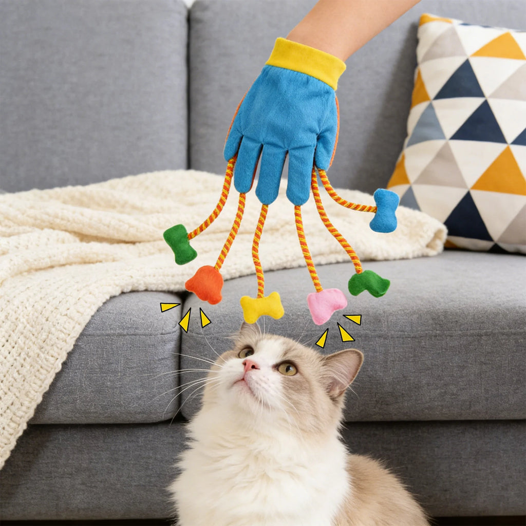Interactive Five-Finger Plush Cat Teaser Mitt with Built-In Hunting Bell