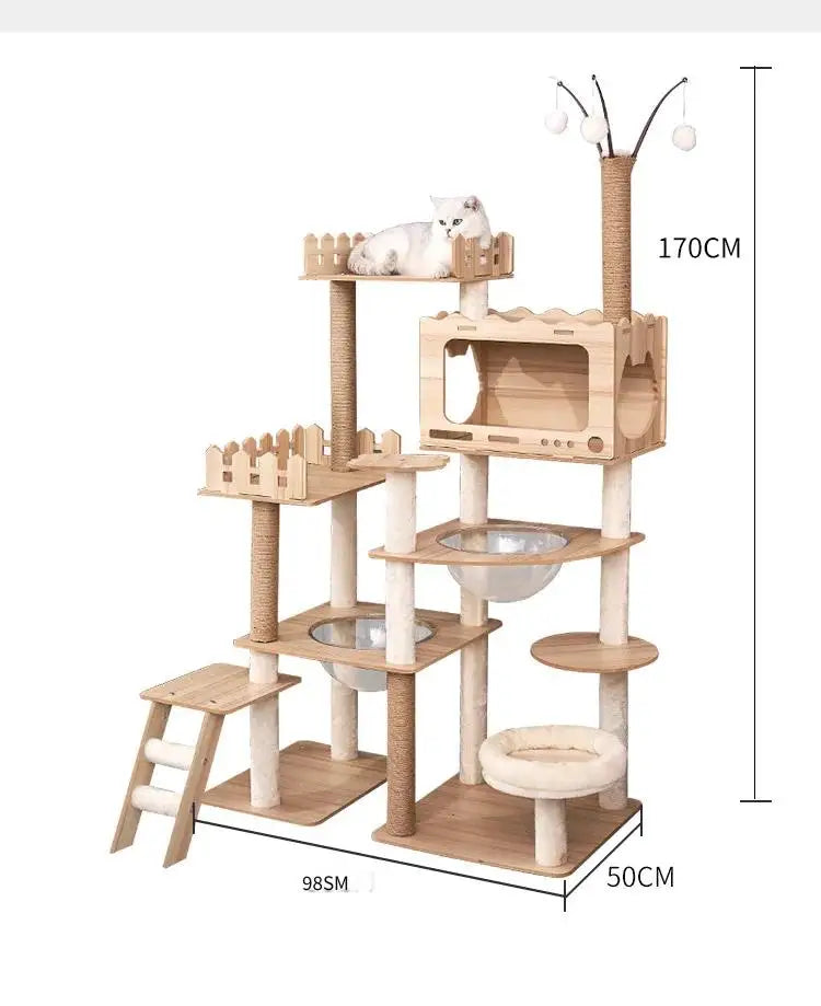 Modern Wooden Cat Tree Tower with Clear View Space Pod & Cozy Dual Condos