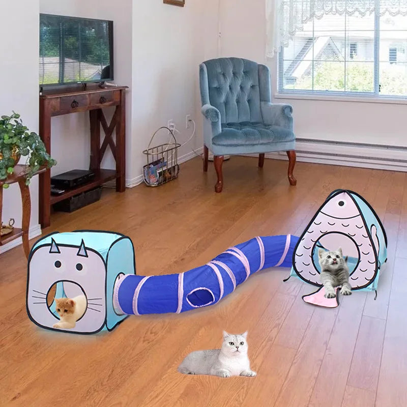 3-in-1 Cartoon Cat & Fish Adventure Tunnel Fort Outdoor