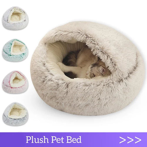 2-in-1 Hooded Plush Soothing Cat Bed | Anti-Anxiety Covered Nest & Cave Sleeping Bag