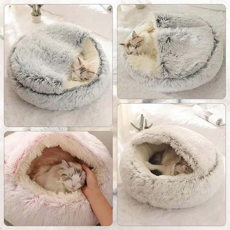 2-in-1 Hooded Plush Soothing Cat Bed | Anti-Anxiety Covered Nest & Cave Sleeping Bag