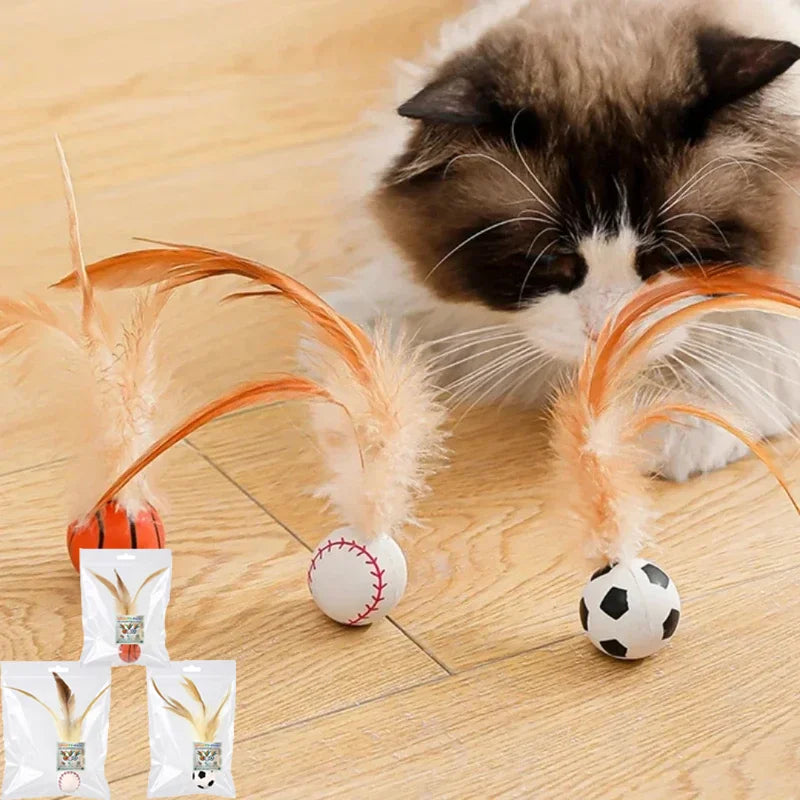 Elastic Silicone Bouncy Ball with Feathers Cat Toy
