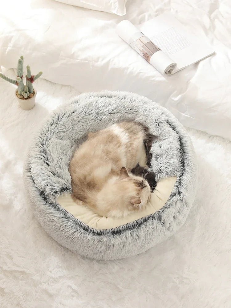 2-in-1 Hooded Plush Soothing Cat Bed | Anti-Anxiety Covered Nest & Cave Sleeping Bag