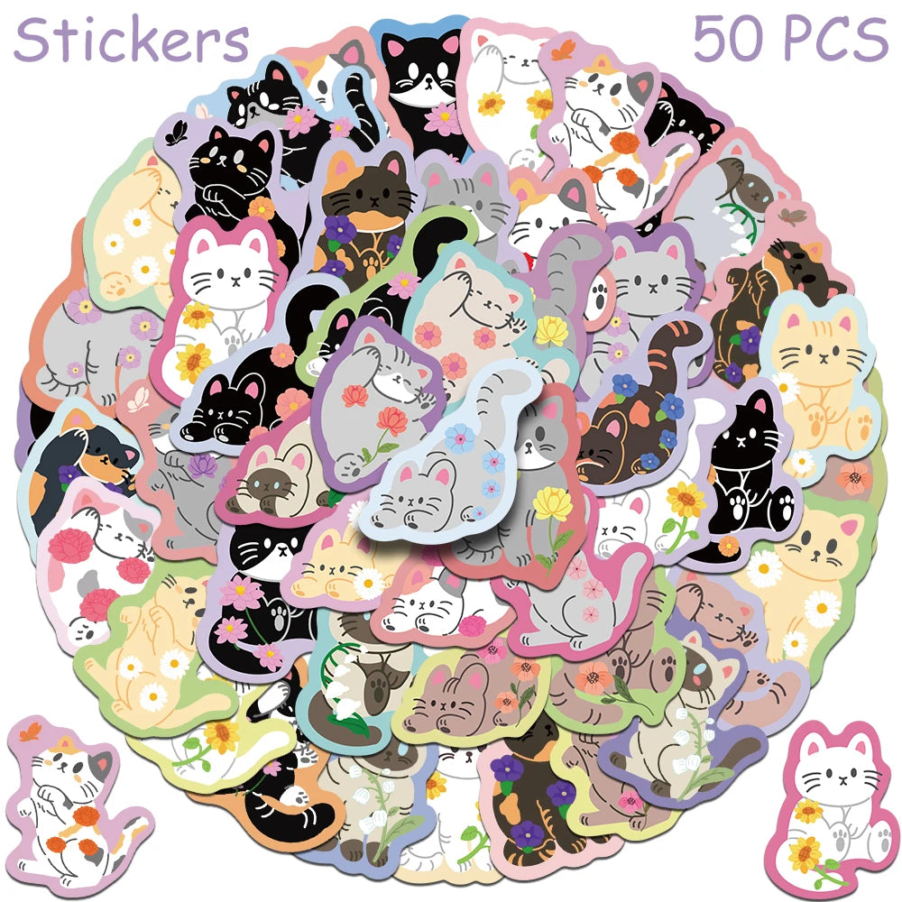 Whimsical Express 50-Piece Waterproof Cat Sticker Pack