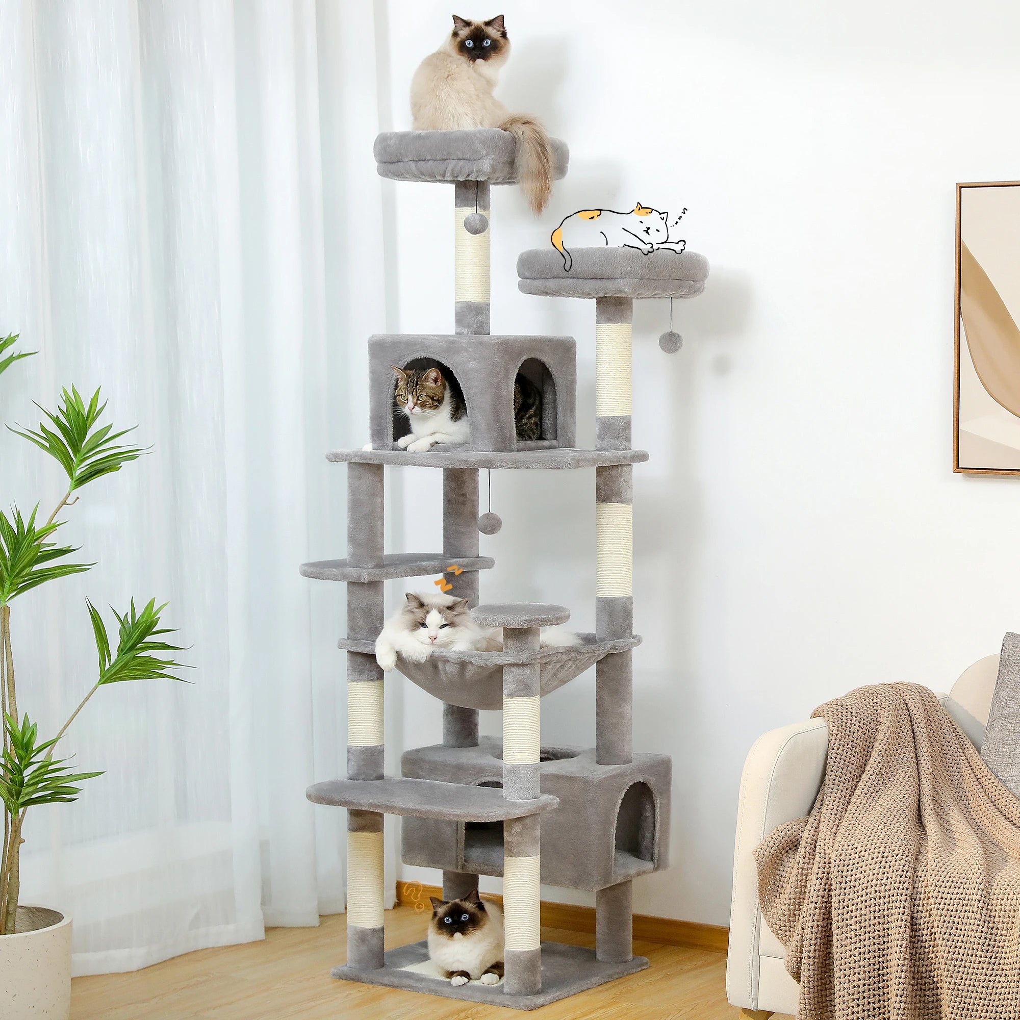 Deluxe 8-Level Multi-Cat Tree Tower with Spacious Hammock & Scratching Board (183cm)