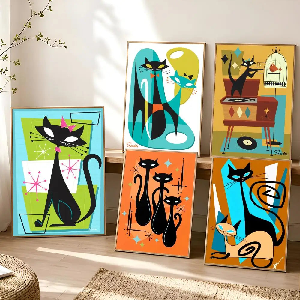Retro 70s Feline Medieval Modern Peel & Stick Art Poster