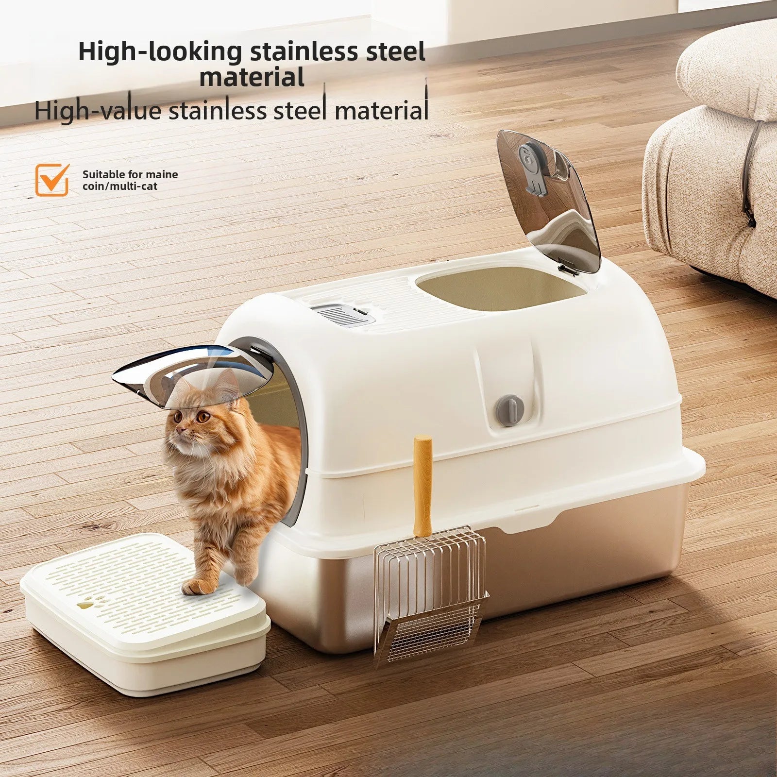 Enclosed Stainless Steel Luxury Cat Litter Box | Anti-Splash Odor-Free XL Kitty Toilet