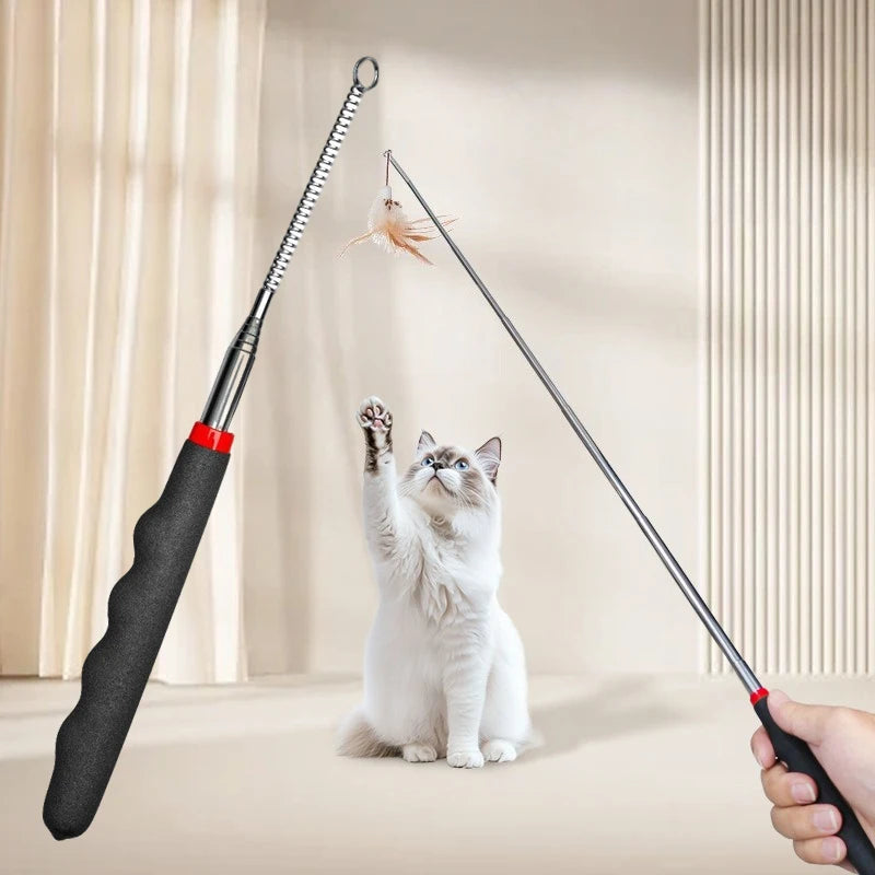 Retractable Heavy-Duty Kitten Teaser Wand with Replaceable Feathers