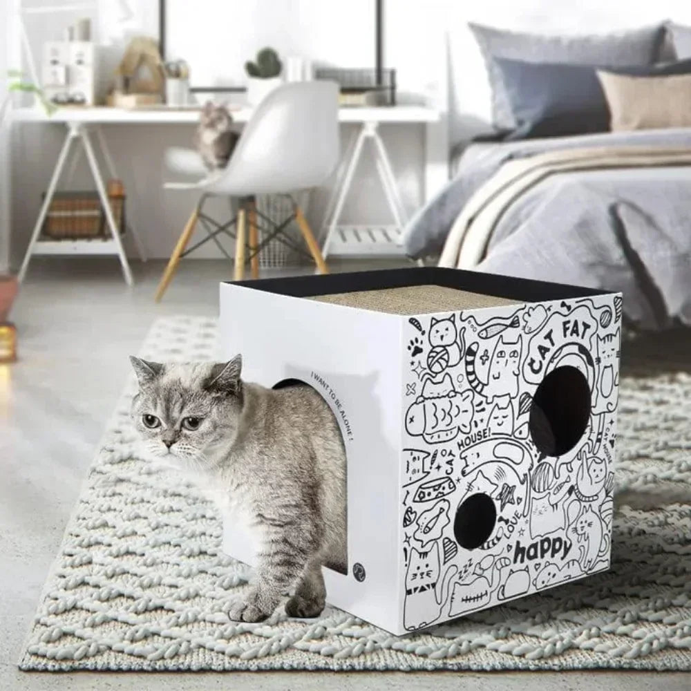 Double-Layer Pine Wood & Cardboard Cat House Scratcher