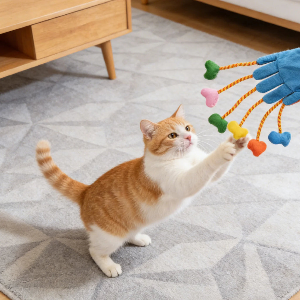 Interactive Five-Finger Plush Cat Teaser Mitt with Built-In Hunting Bell