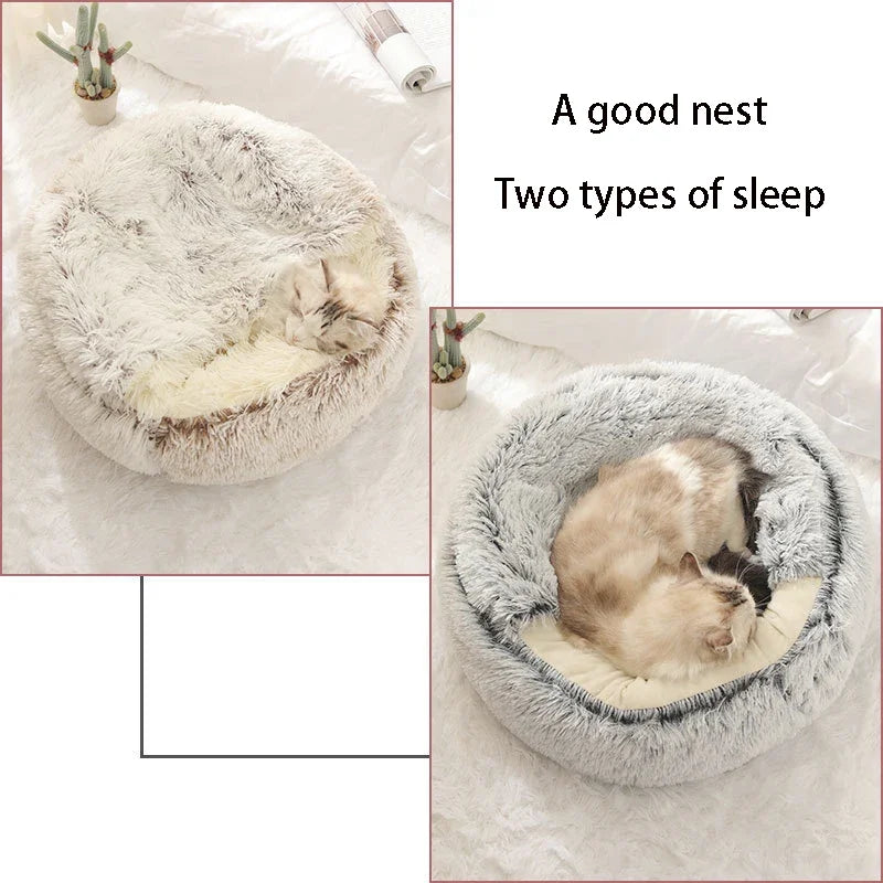 2-in-1 Hooded Plush Soothing Cat Bed | Anti-Anxiety Covered Nest & Cave Sleeping Bag