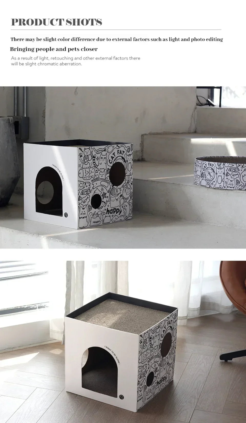 Double-Layer Pine Wood & Cardboard Cat House Scratcher