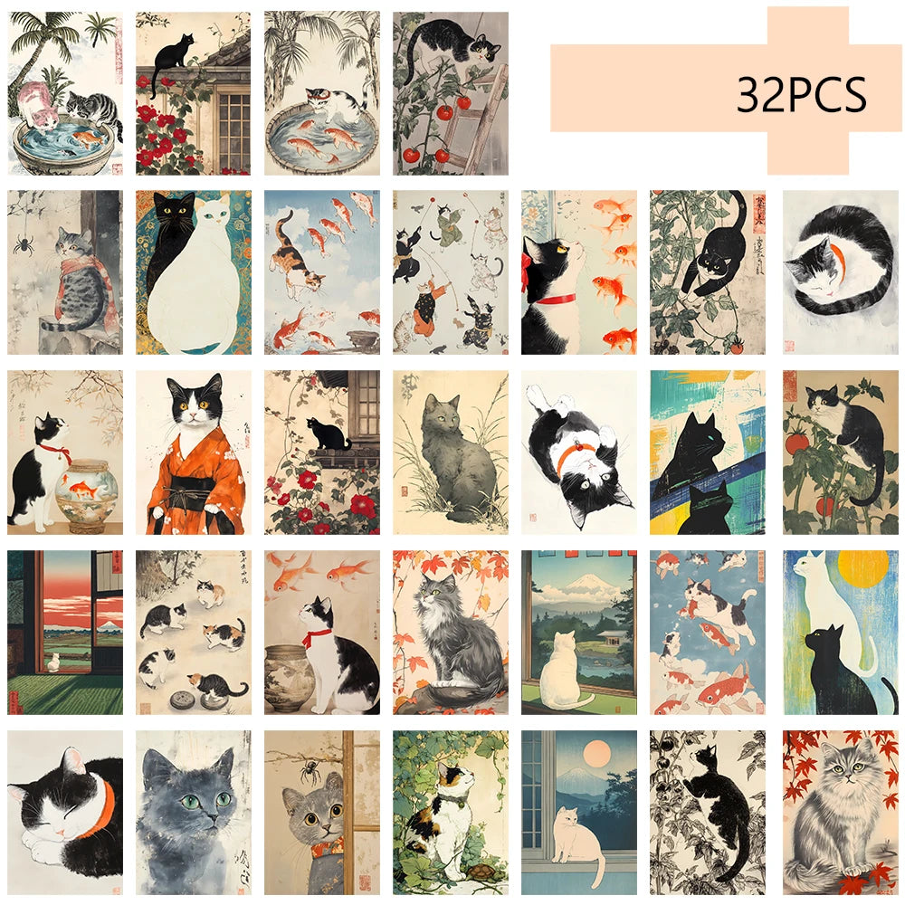 Tokyo Gallery 32-Piece Ukiyo-E Japanese Cat Postcard Set