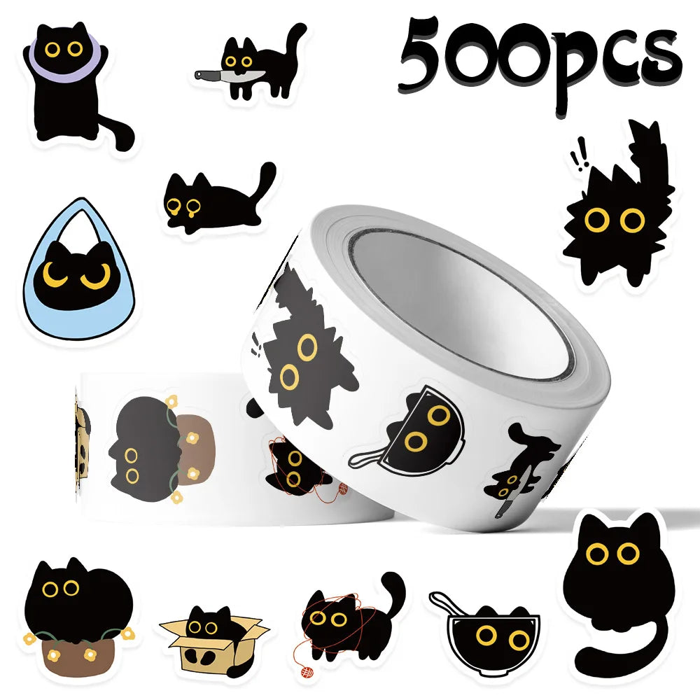 The Club Mascot 500-Piece Cute Black Cat Sticker Roll