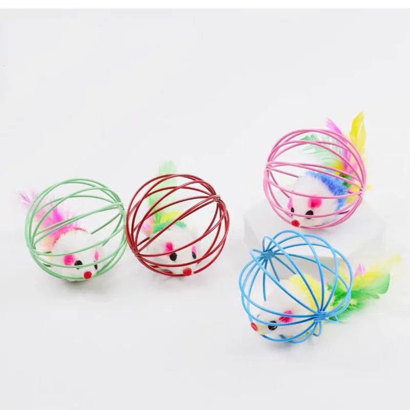 Interactive Metal Cage Rolling Mouse Toy | Erratic Chase Ball with Sand Sound Effects