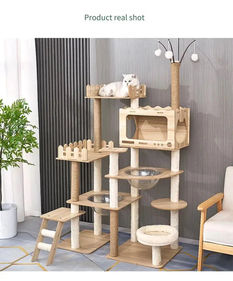 Modern Wooden Cat Tree Tower with Clear View Space Pod & Cozy Dual Condos