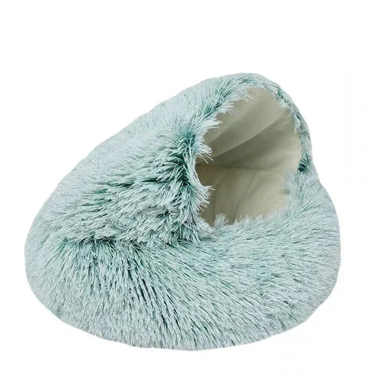 2-in-1 Hooded Plush Soothing Cat Bed | Anti-Anxiety Covered Nest & Cave Sleeping Bag