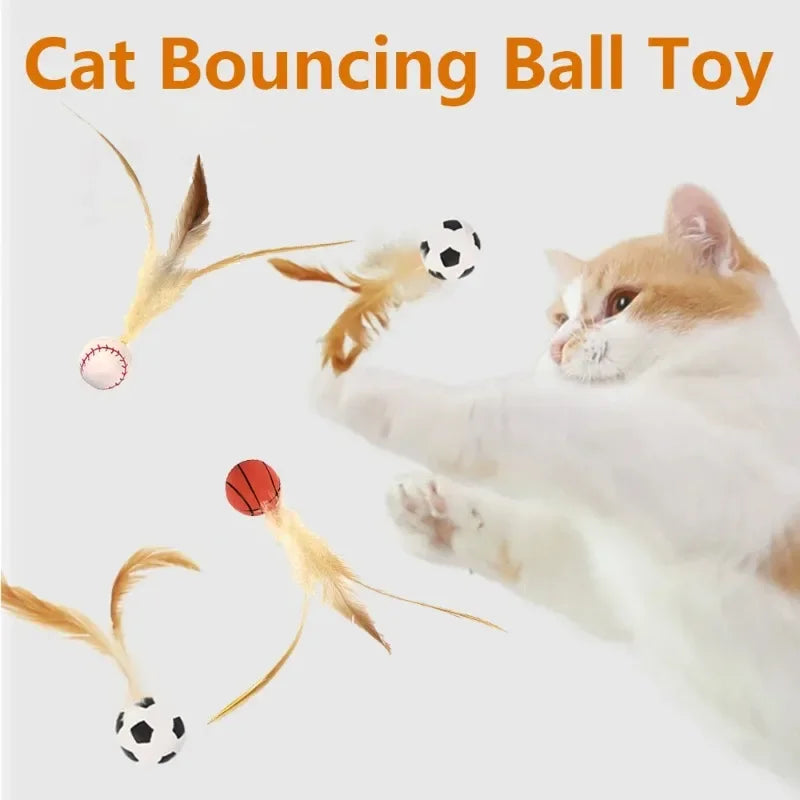 Elastic Silicone Bouncy Ball with Feathers Cat Toy