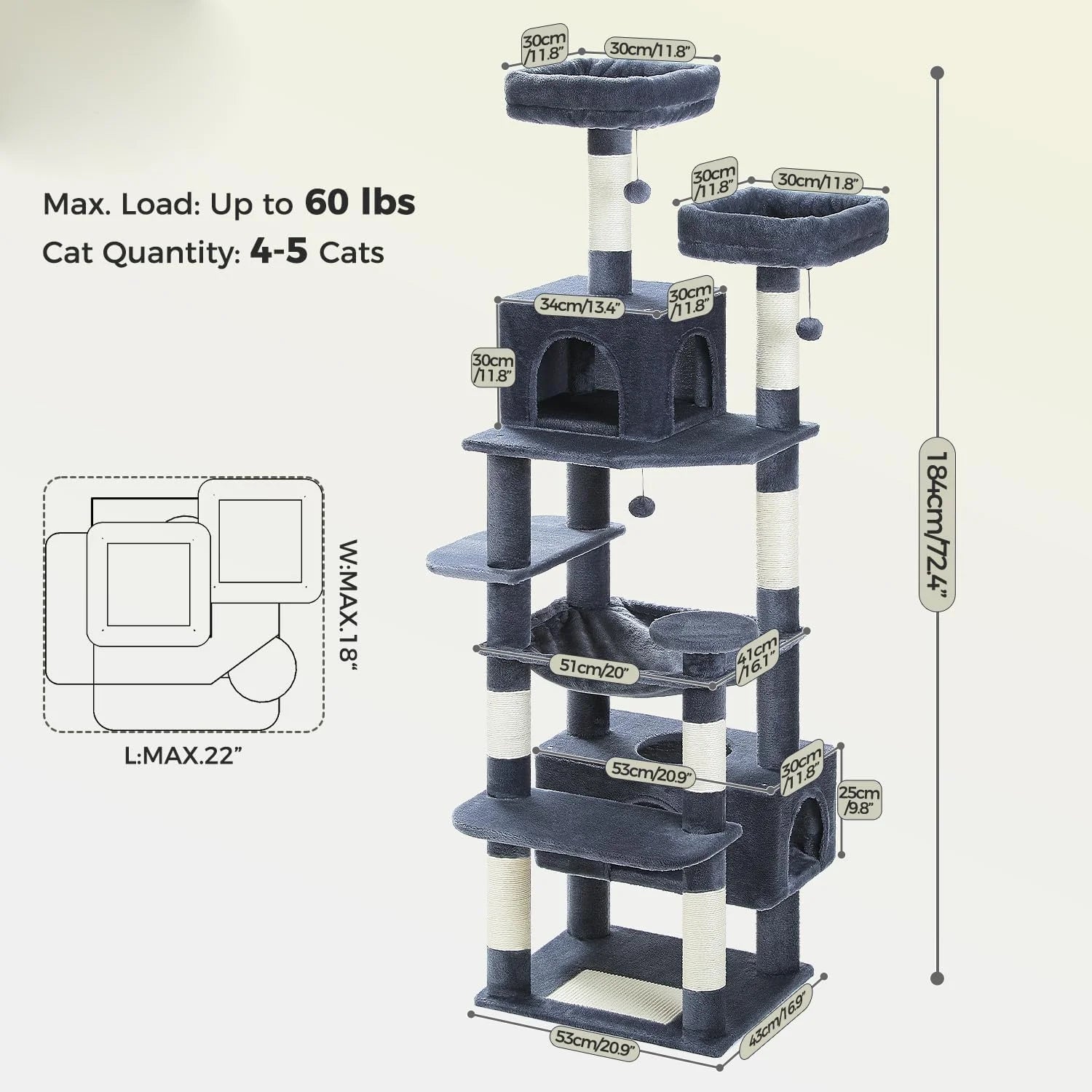 Deluxe 8-Level Multi-Cat Tree Tower with Spacious Hammock & Scratching Board (183cm)