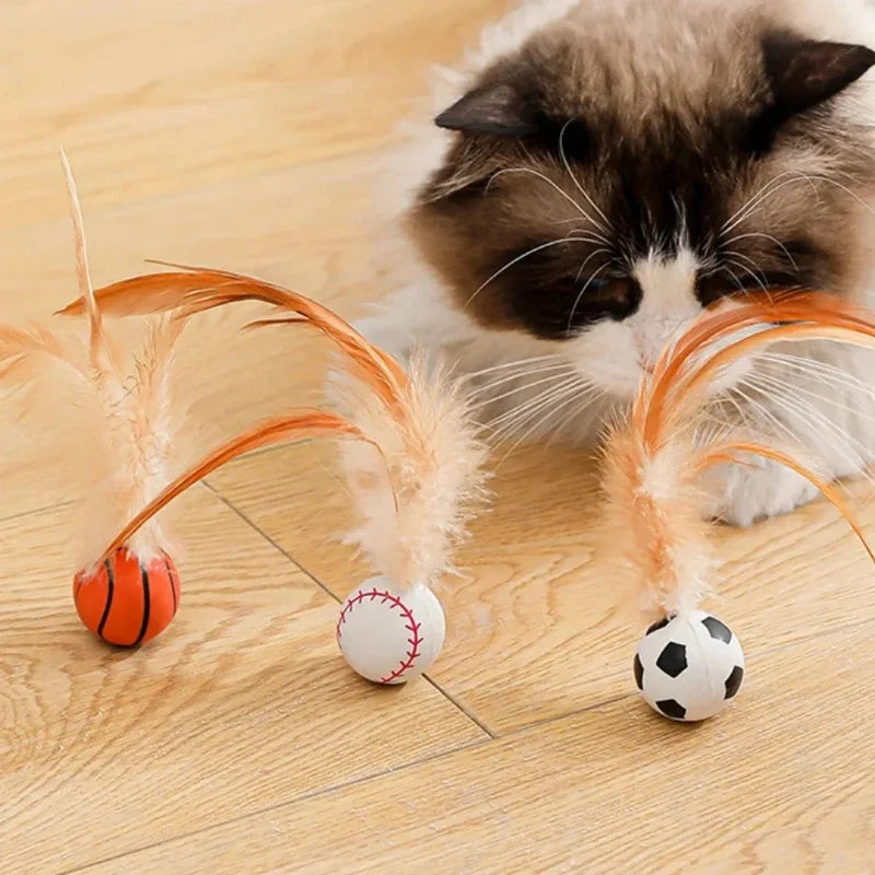 Elastic Silicone Bouncy Ball with Feathers Cat Toy