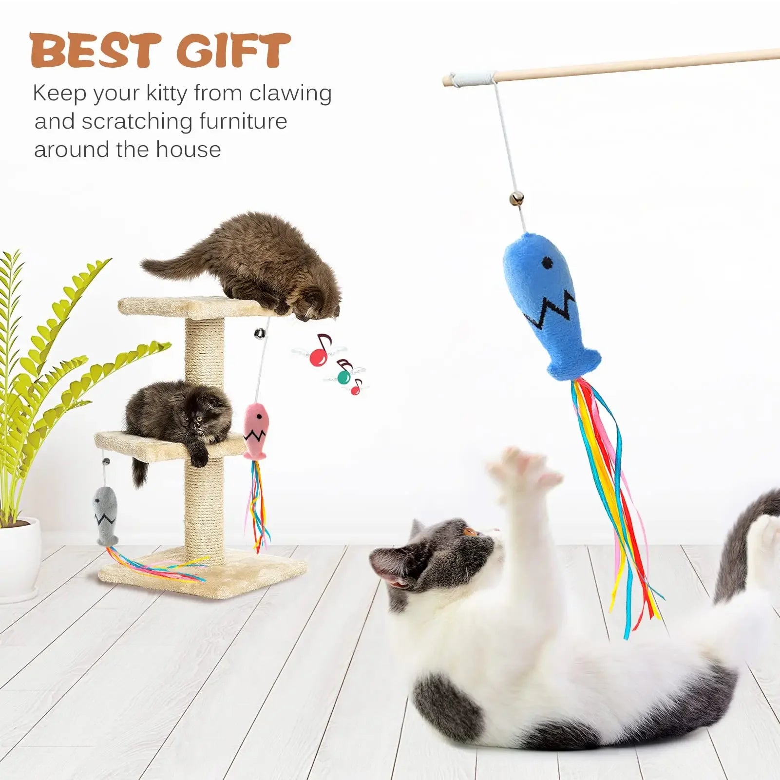Natural Wooden 3-in-1 Cat Teaser Wand with Organic Catnip & Sensory Ribbons