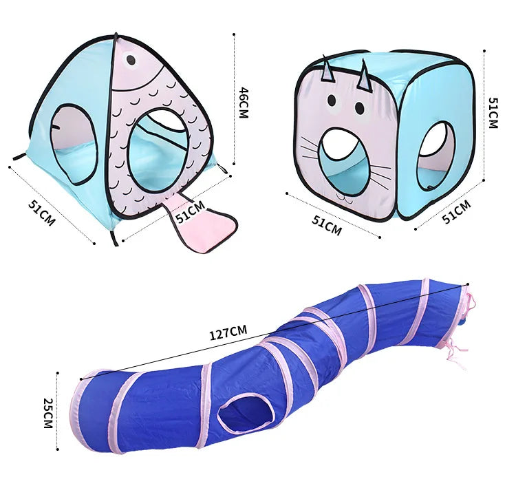 3-in-1 Cartoon Cat & Fish Adventure Tunnel Fort Outdoor