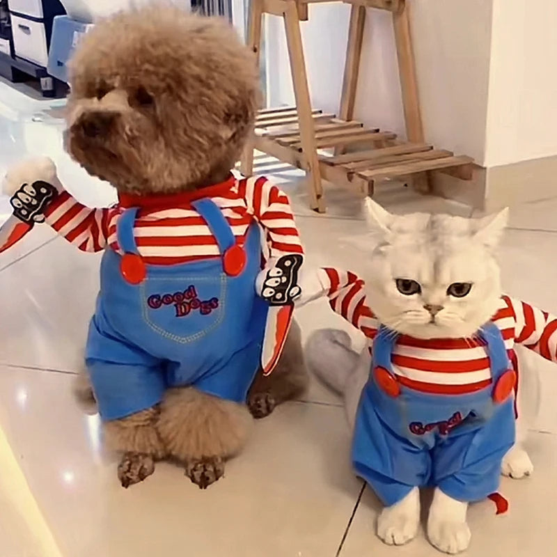 Funny Novelty Cat Halloween Chucky Cosplay Costume - Creative 3D Party Jumpsuit with Foam Prop
