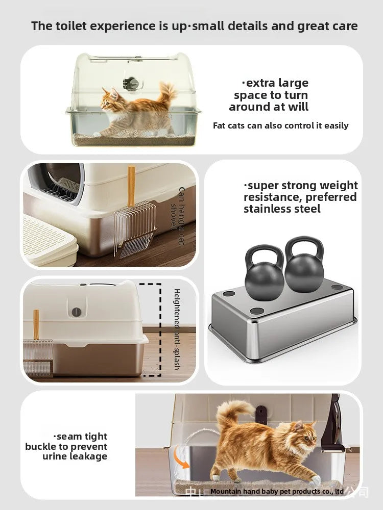 Enclosed Stainless Steel Luxury Cat Litter Box | Anti-Splash Odor-Free XL Kitty Toilet