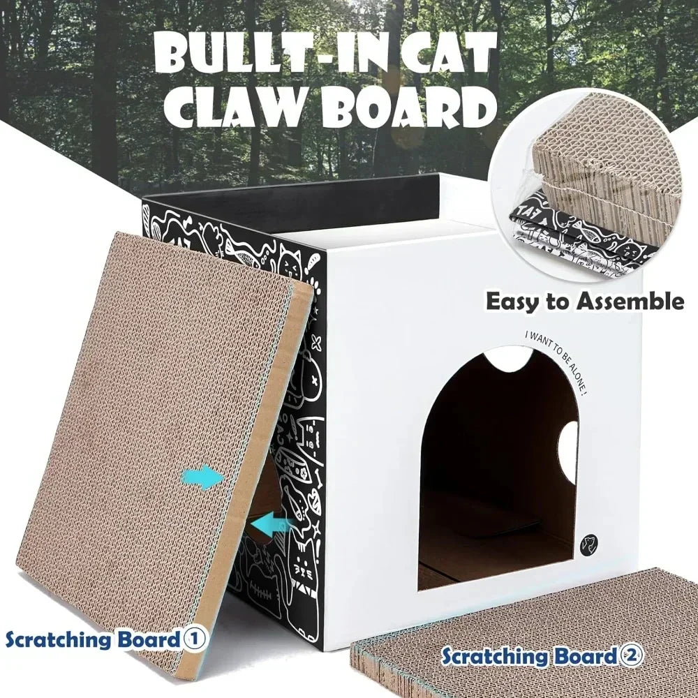 Double-Layer Pine Wood & Cardboard Cat House Scratcher