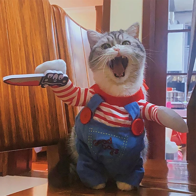 Funny Novelty Cat Halloween Chucky Cosplay Costume - Creative 3D Party Jumpsuit with Foam Prop