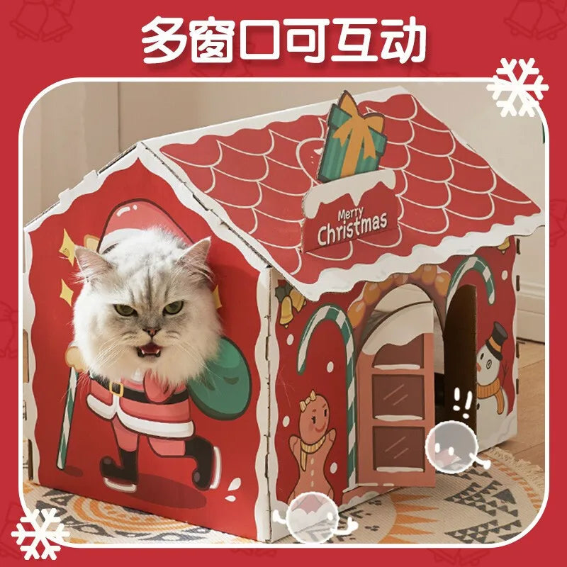 Christmas Cardboard Cat House & Scratching Board Nest