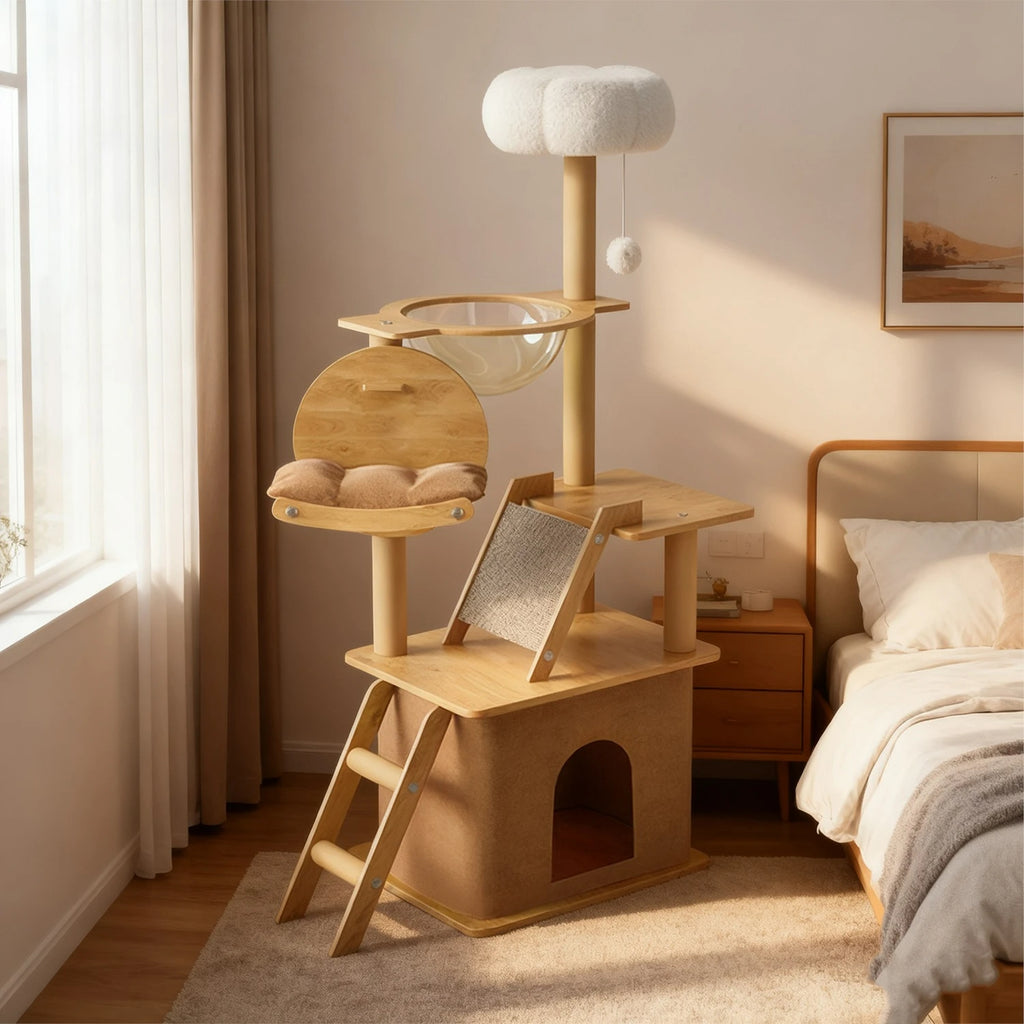 Modern 3-Tier Wooden Cat Tree Tower | Luxury Indoor Condo with Ultra-Plush Top Perch