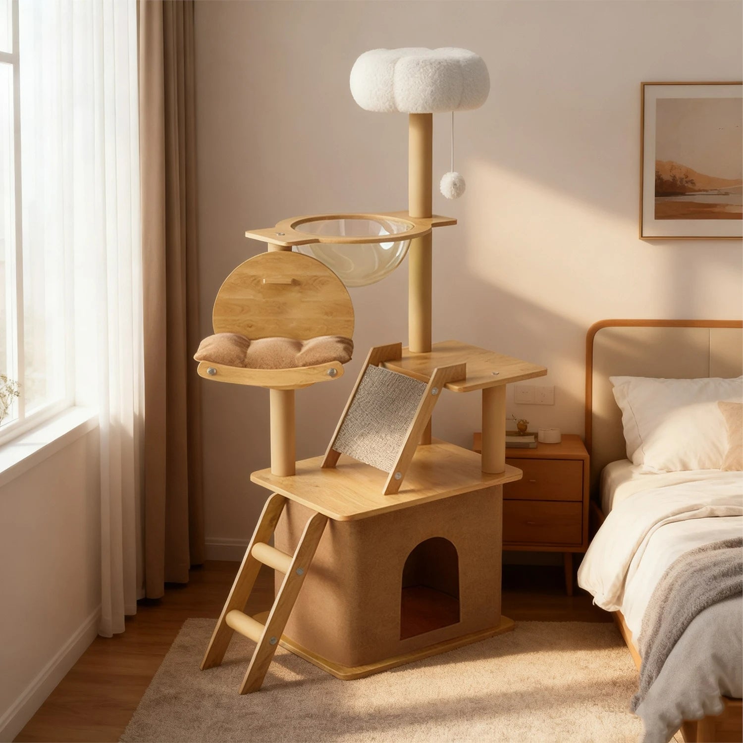 Modern 3-Tier Wooden Cat Tree Tower | Luxury Indoor Condo with Ultra-Plush Top Perch