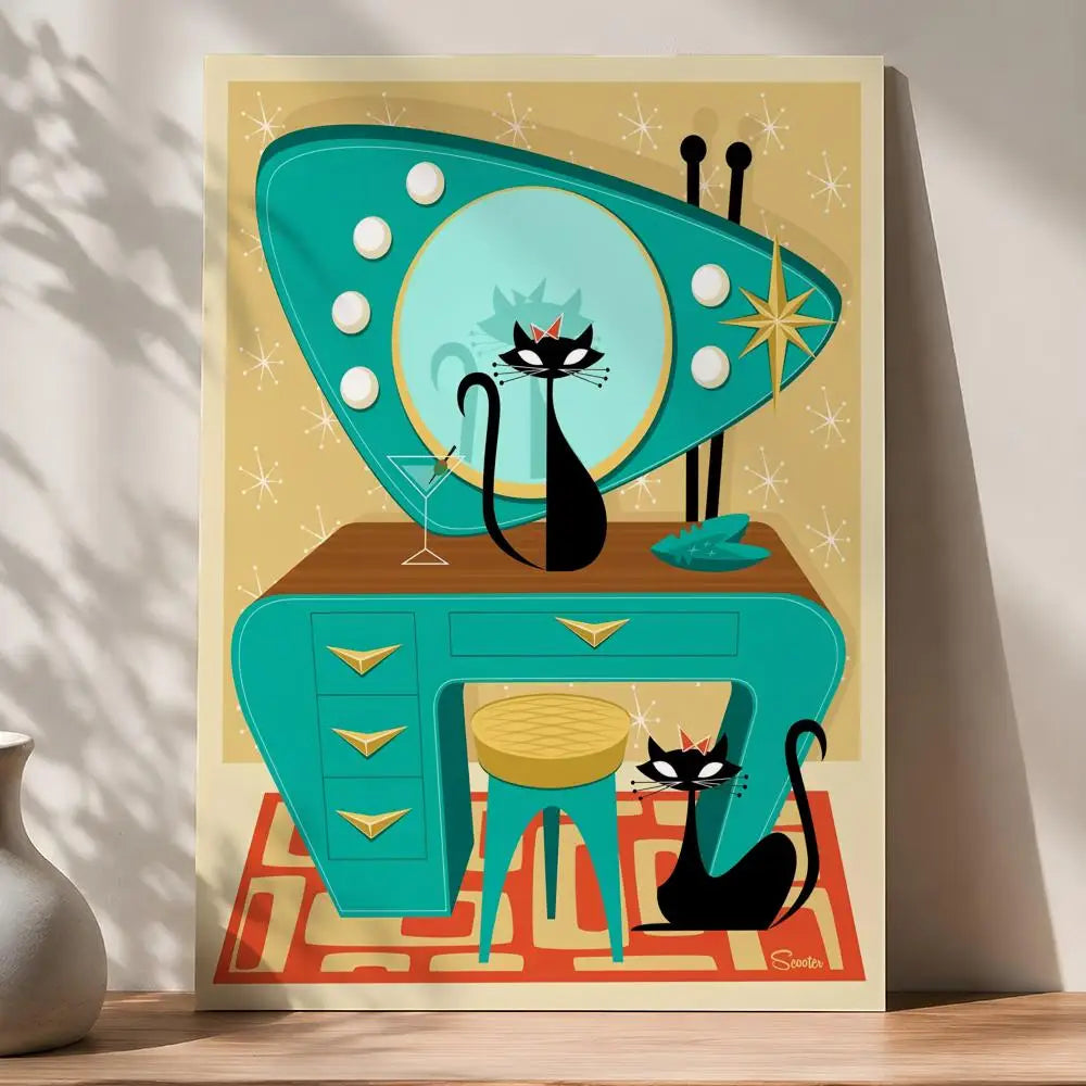 Retro 70s Feline Medieval Modern Peel & Stick Art Poster
