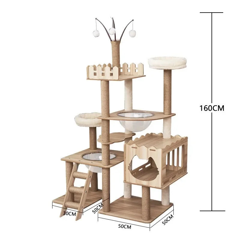 Modern Wooden Cat Tree Tower with Clear View Space Pod & Cozy Dual Condos