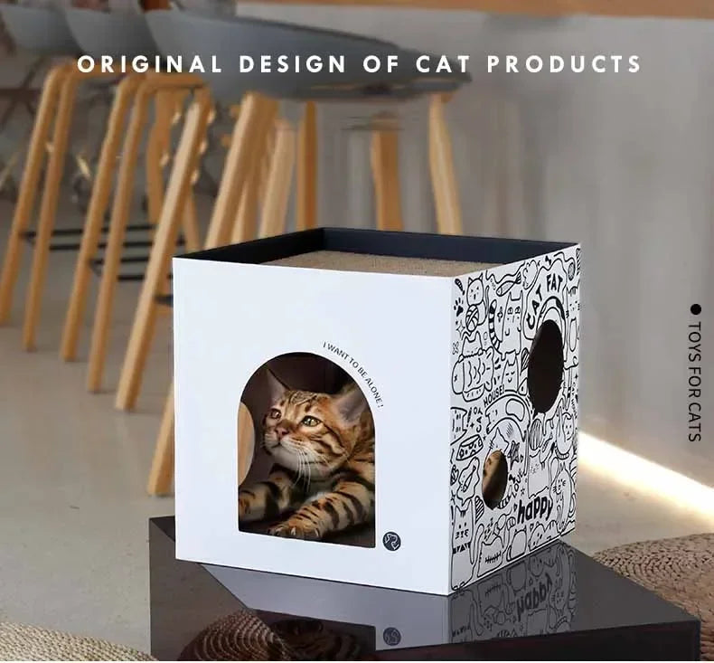 Double-Layer Pine Wood & Cardboard Cat House Scratcher