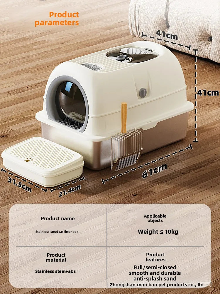Enclosed Stainless Steel Luxury Cat Litter Box | Anti-Splash Odor-Free XL Kitty Toilet