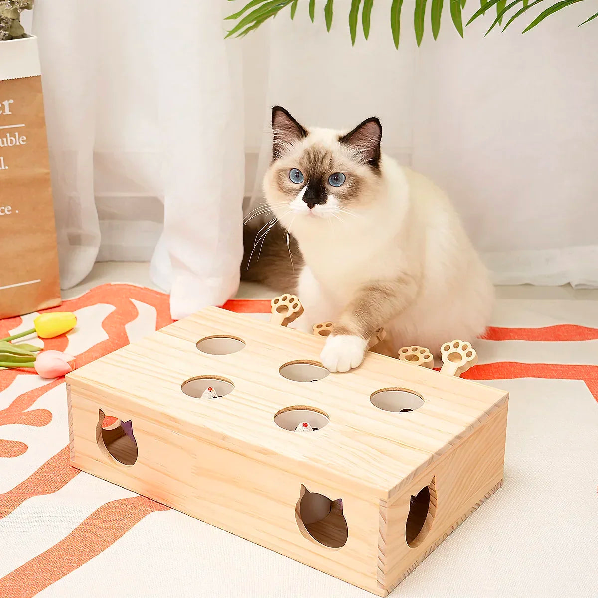 Solid Wood Interactive Whack-A-Mole Cat Toy