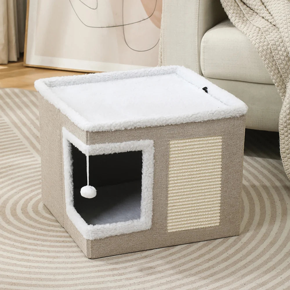 3-in-1 Foldable Cat Bed Condo with Scratching Board