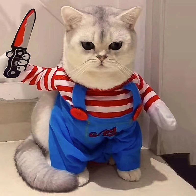 Funny Novelty Cat Halloween Chucky Cosplay Costume - Creative 3D Party Jumpsuit with Foam Prop