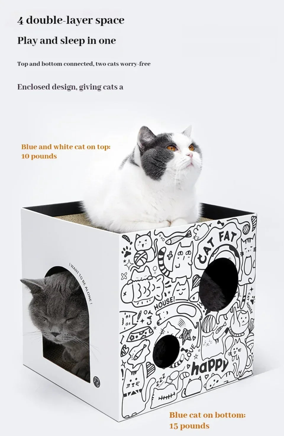 Double-Layer Pine Wood & Cardboard Cat House Scratcher