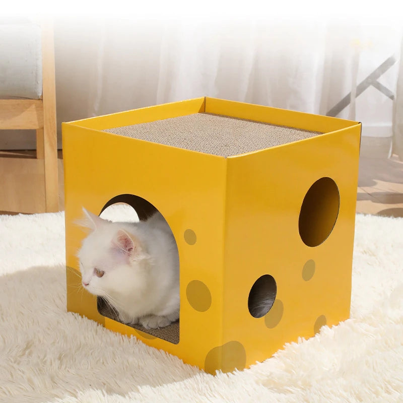Double-Layer Pine Wood & Cardboard Cat House Scratcher