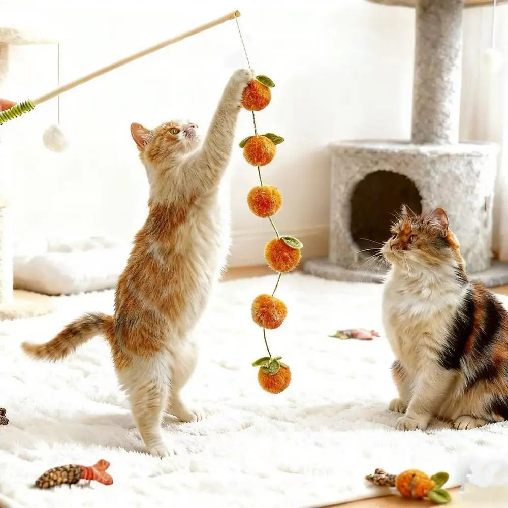 Premium 15.7-Inch Wooden Fruit-Shaped Cat Teaser Wand with Ergonomic Anti-Slip Grip