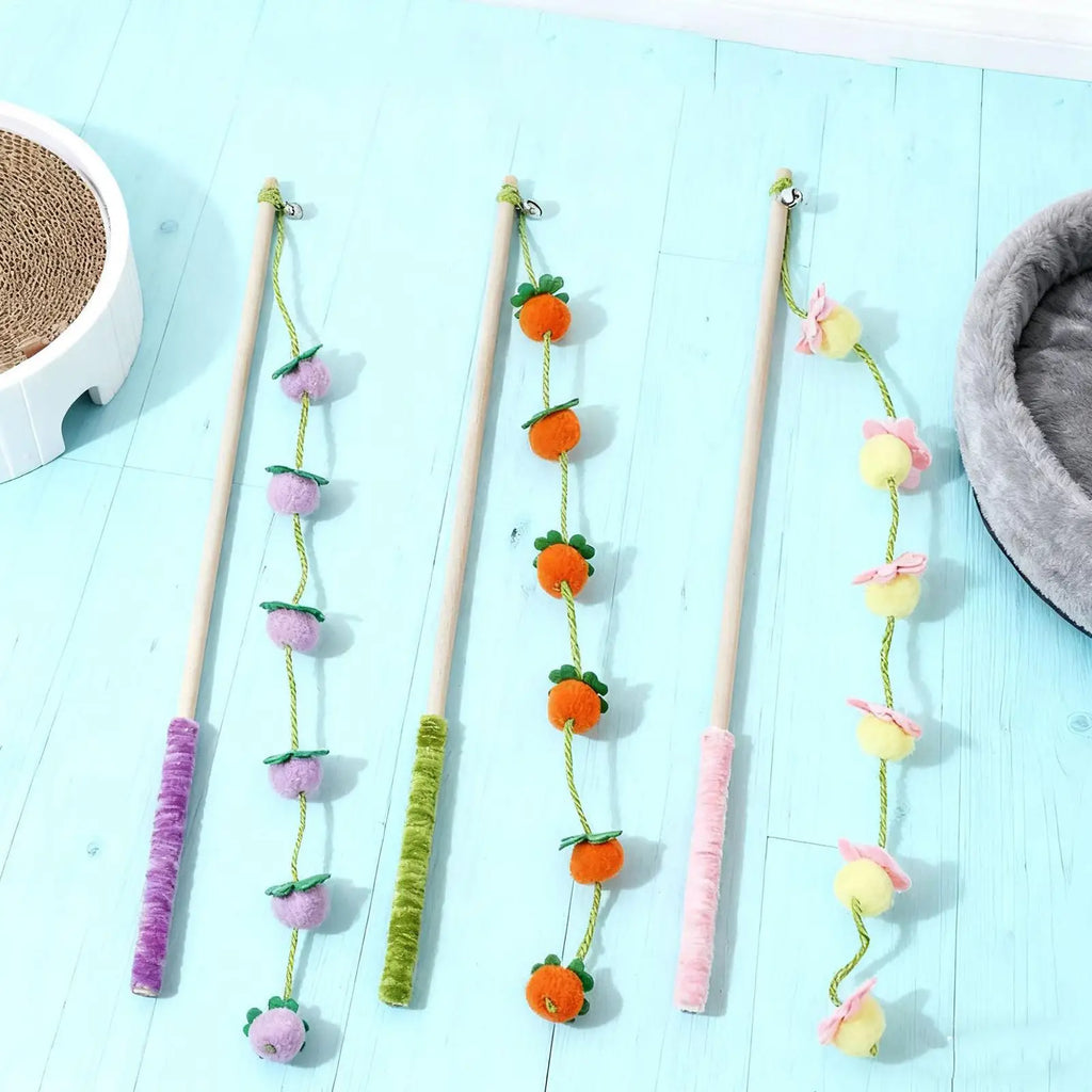 Premium 15.7-Inch Wooden Fruit-Shaped Cat Teaser Wand with Ergonomic Anti-Slip Grip