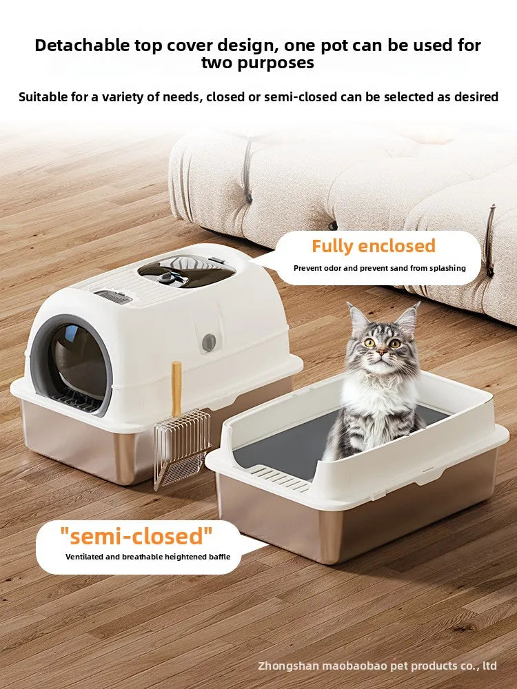Enclosed Stainless Steel Luxury Cat Litter Box | Anti-Splash Odor-Free XL Kitty Toilet